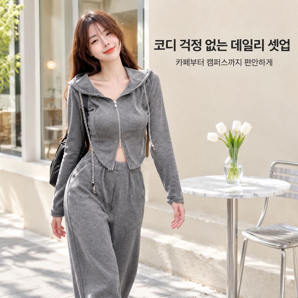 여성용 봄가을 신상 긴팔 가디건 언밸런스 맨투맨 하이웨스트 캐주얼 와이드 팬츠 투피스