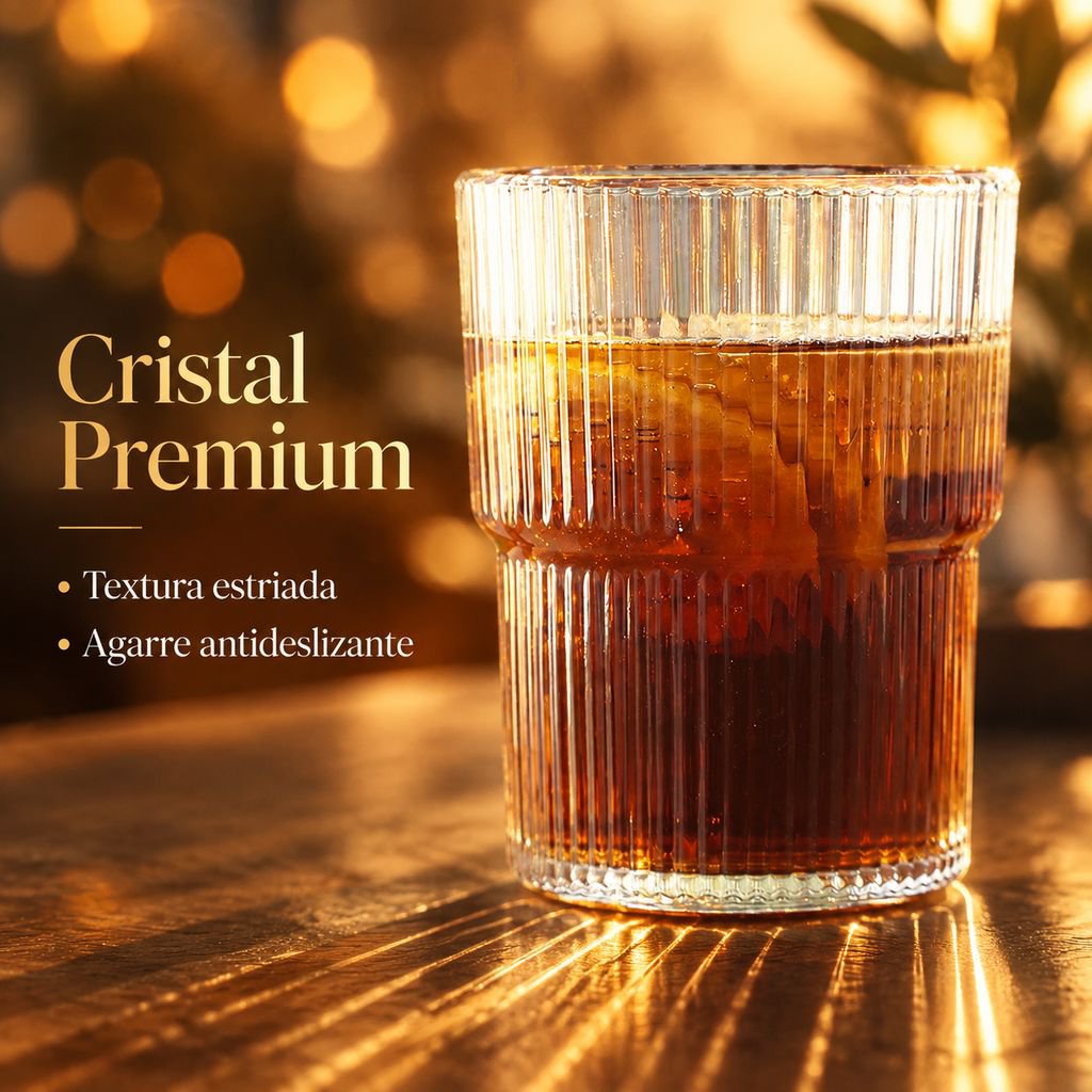 Vaso de vidrio con rayas verticales para agua o café, con tapa
