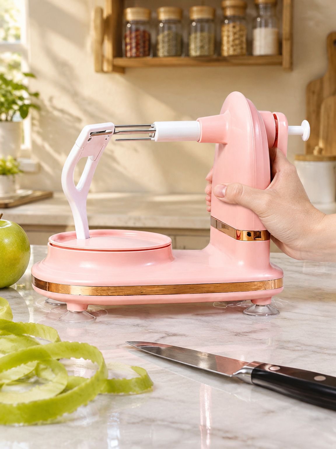 Stylish pink apple peeling machine for effortless fruit preparation