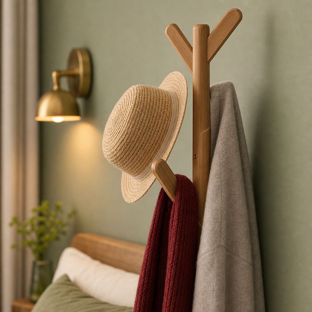 Solid wood coat rack with hanging hooks and storage