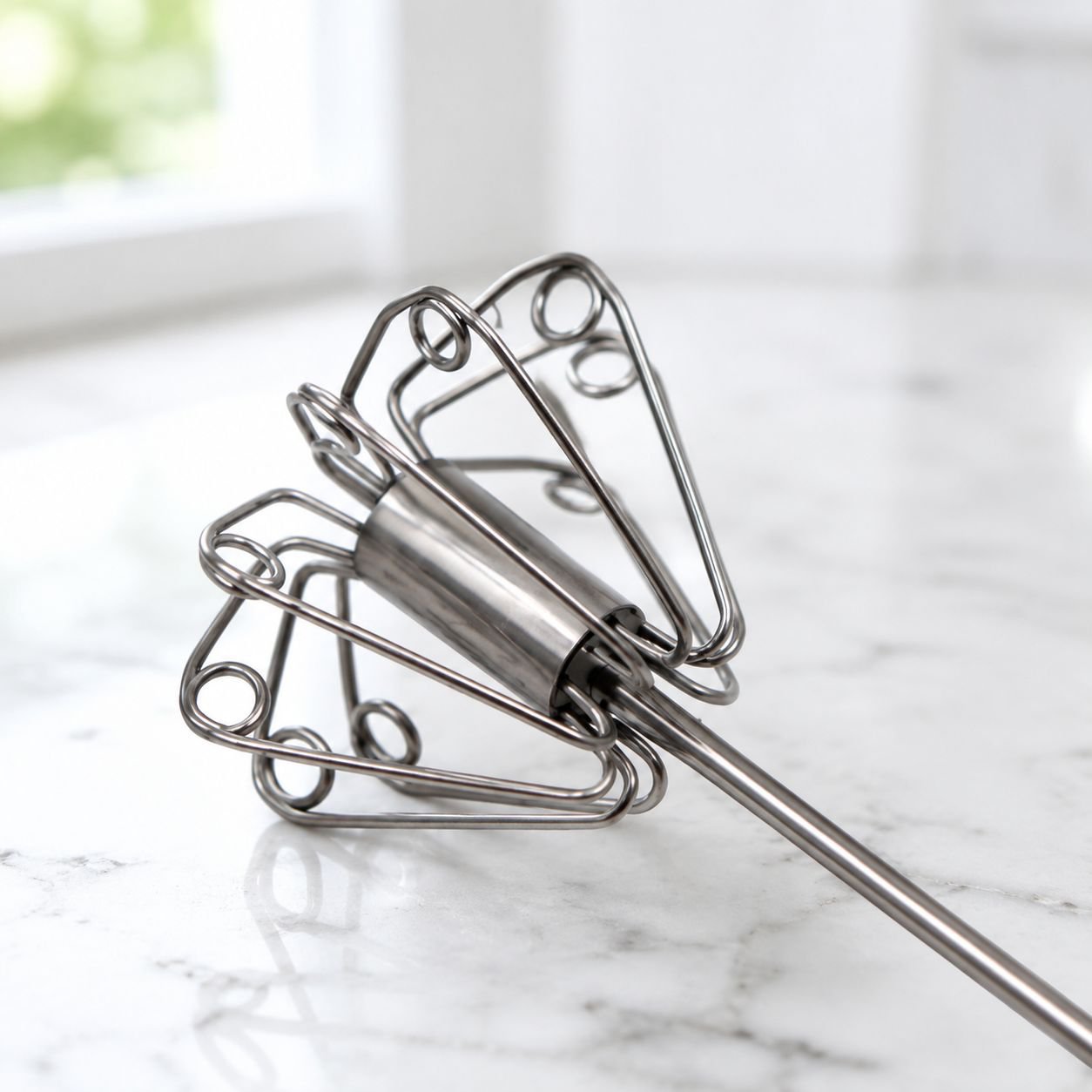 Close-up of ergonomic handle on manual egg beater