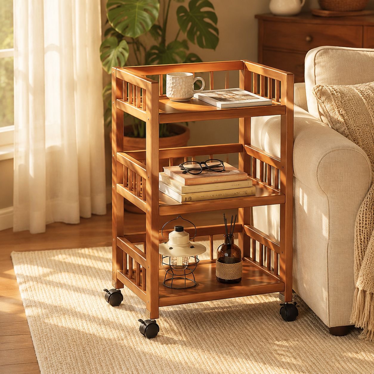 Household movable storage rack trolley living room simple sofa side table snack rack solid wood tea 