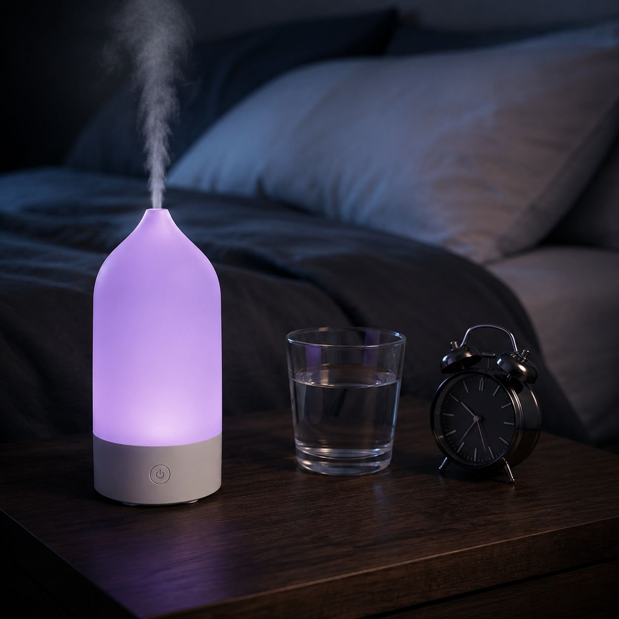 Aromatherapy lamp with essential oils beside bed