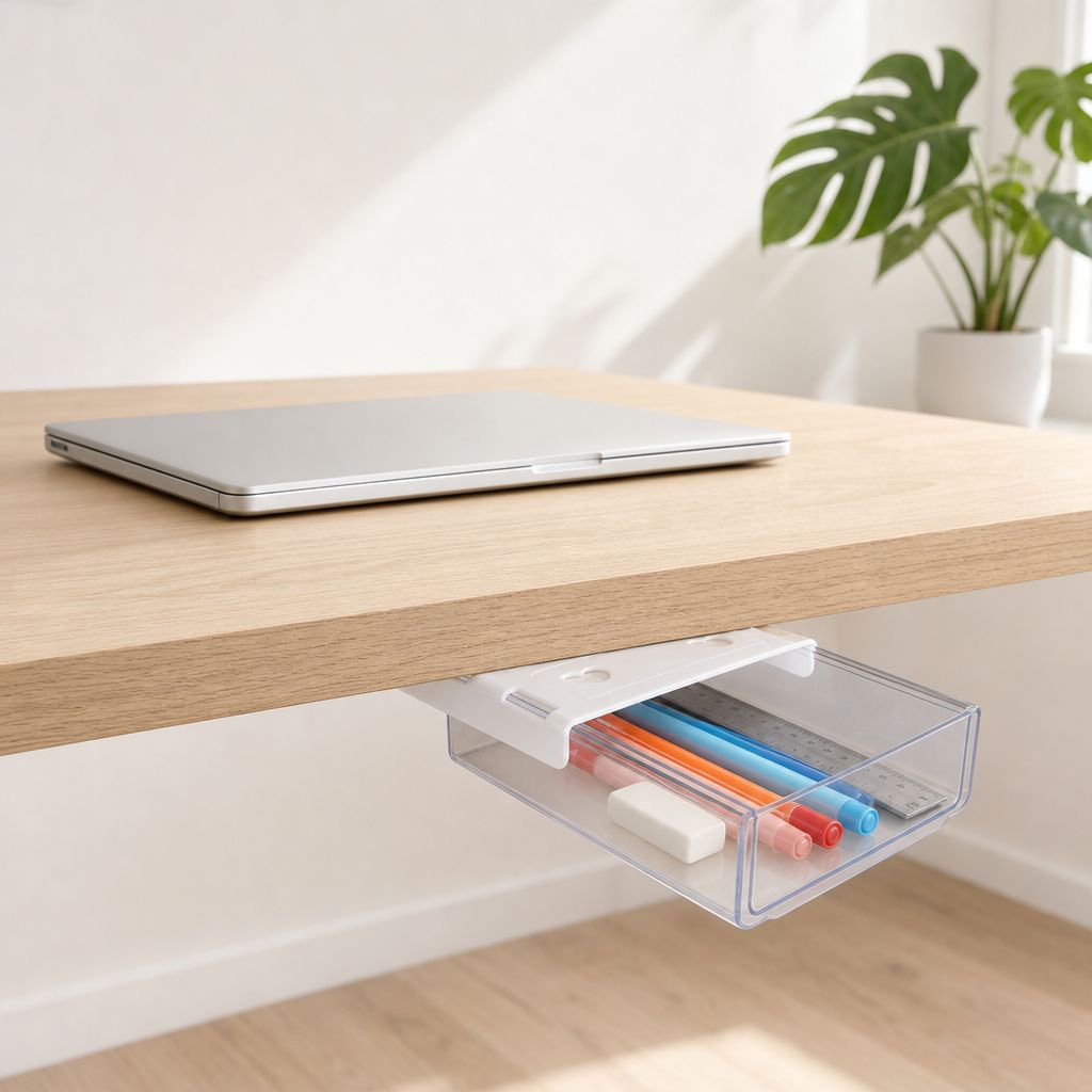 Stick-on Under Desk Storage Box attached under office desk