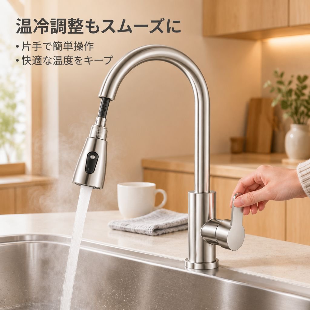 キッチン用引き出し式水栓、温水・冷水兼用、飛沫防止機能付き