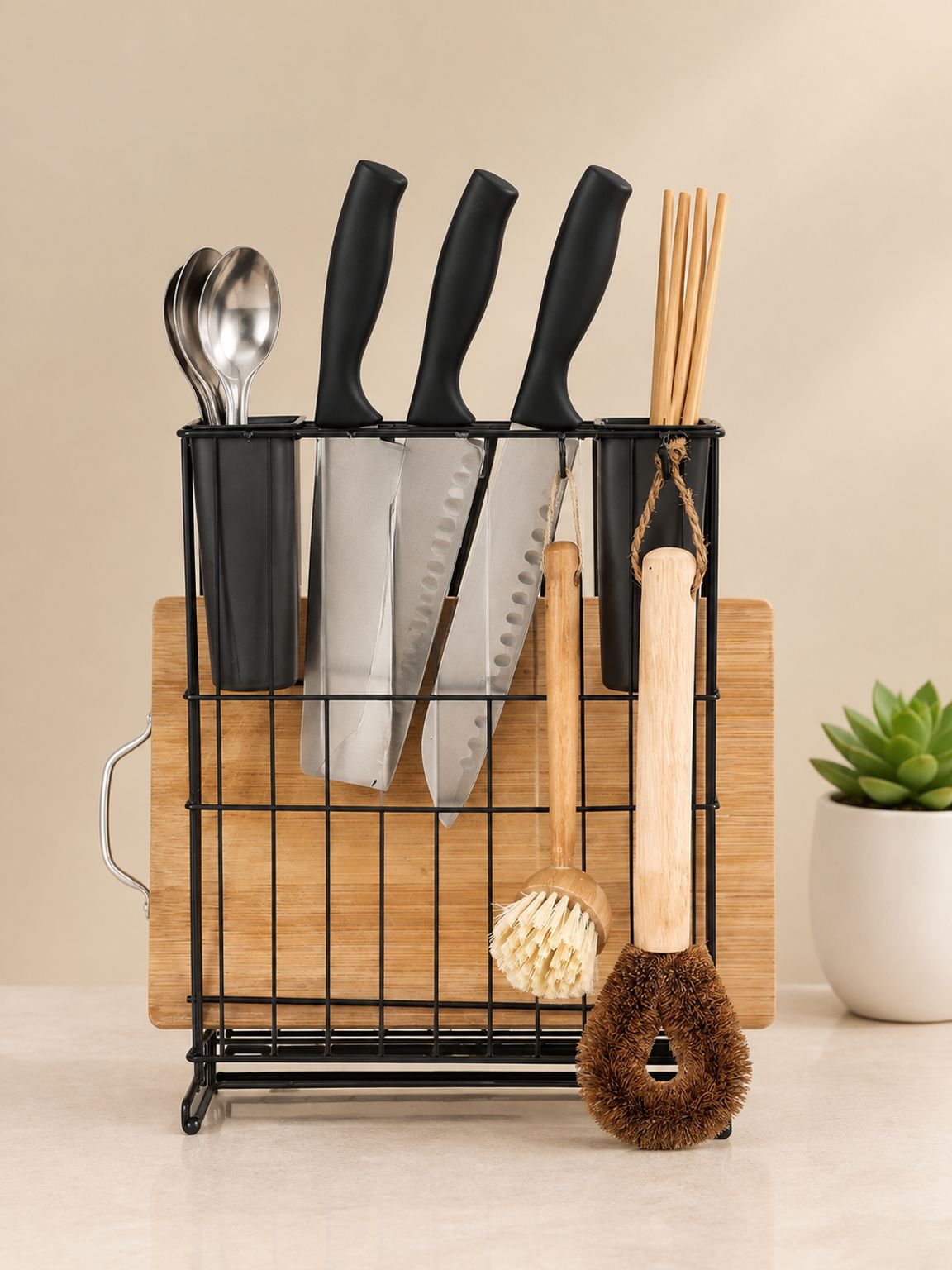 Soporte para cucharas y set de tabla para picar