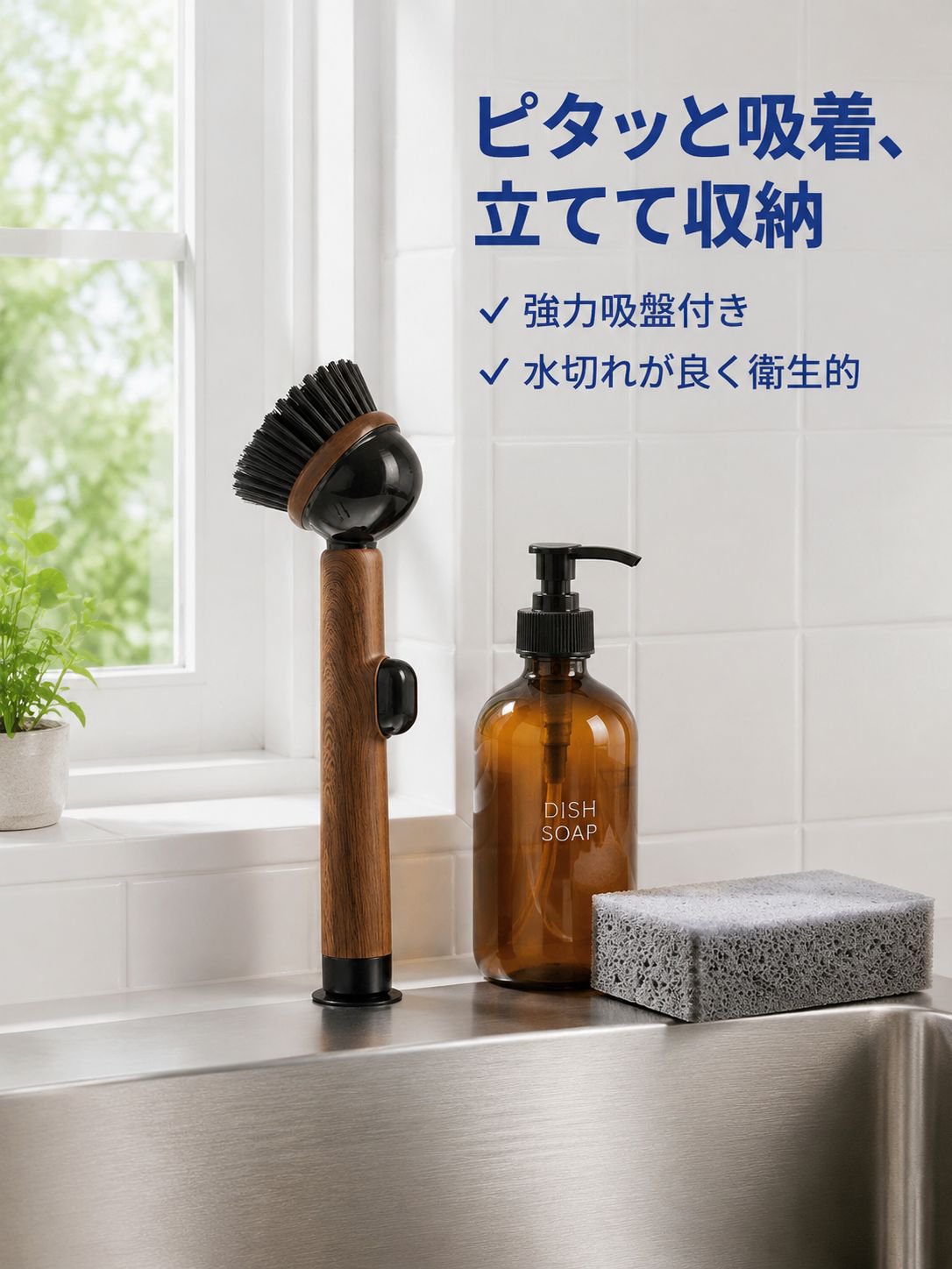 木目調吸盤付き長柄鍋用洗浄ブラシ 液体注入型 キッチン用