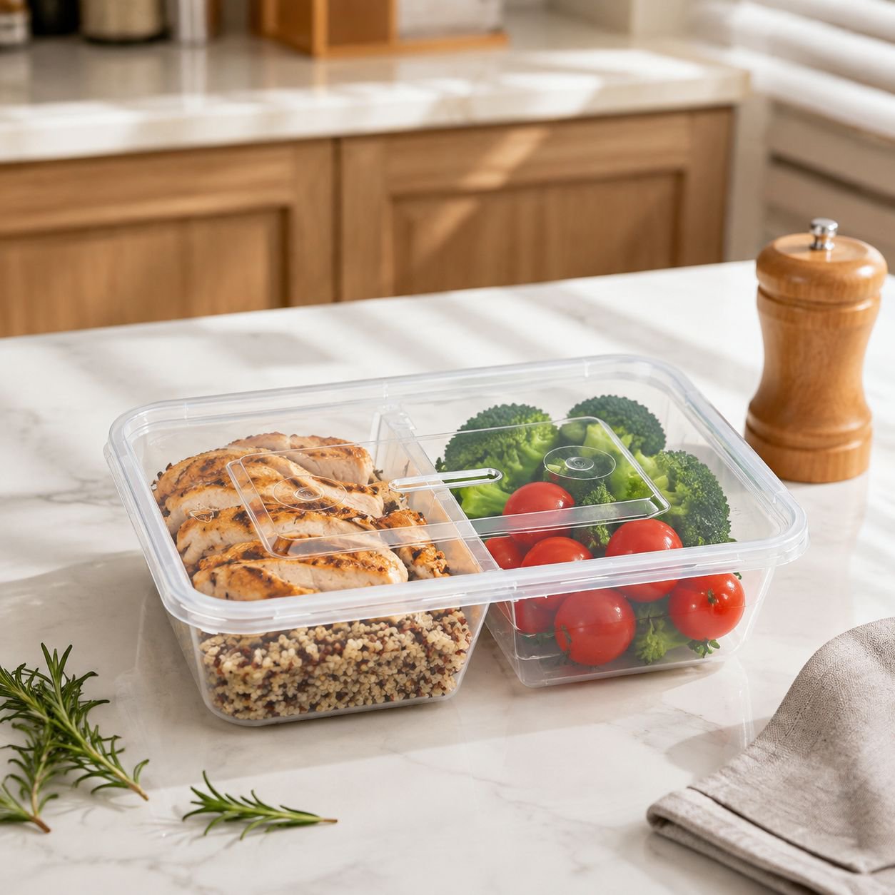 Disposable rectangular transparent compartmentalized lunch box