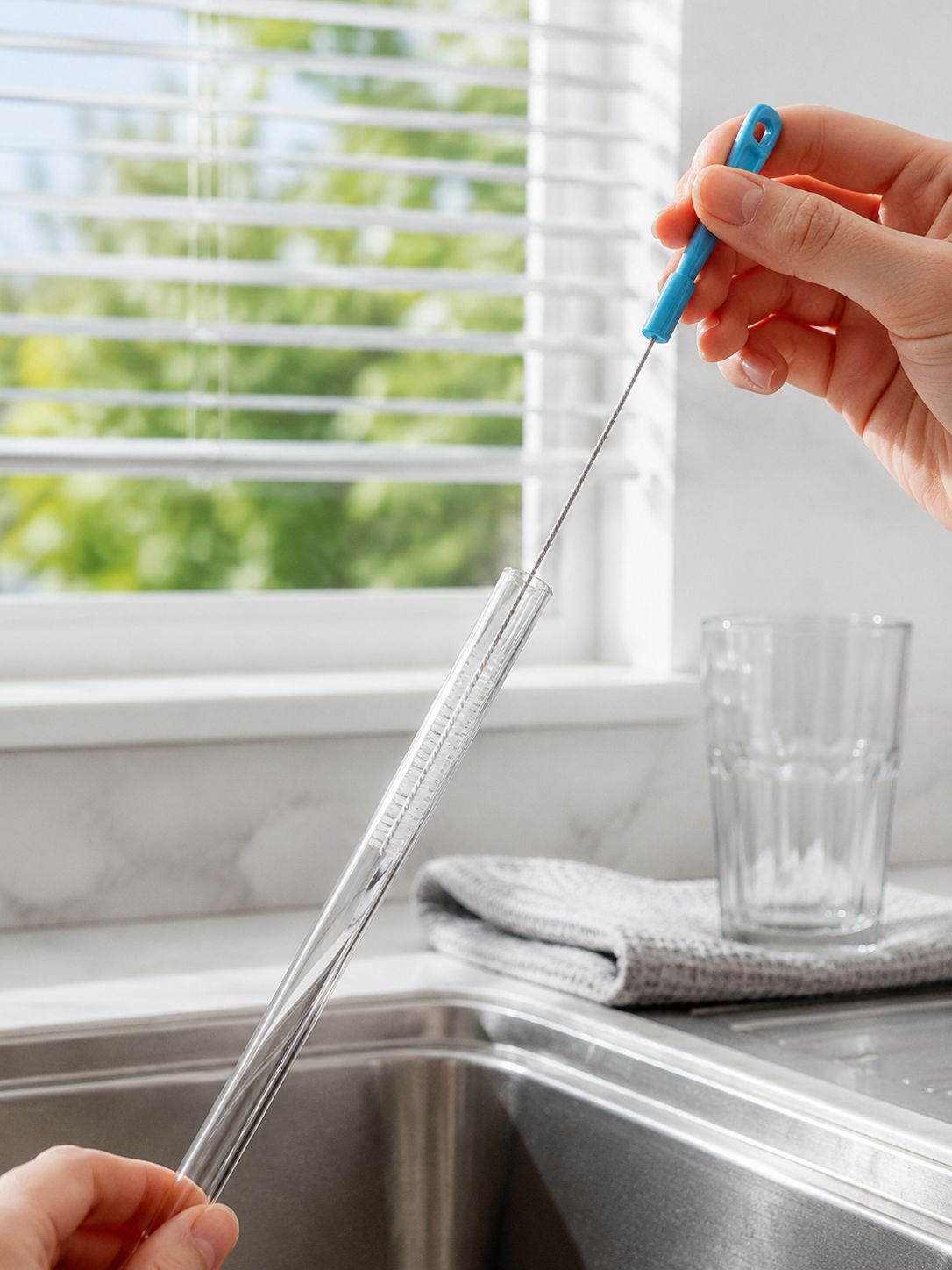 Bottle cleaning brush scrubbing inside a bottle