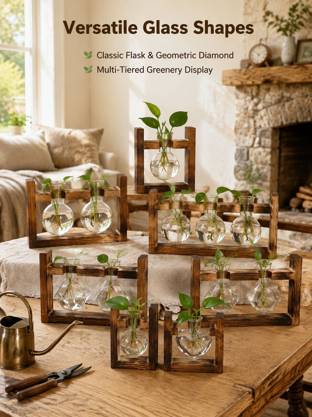 Glass Bottle Hydroponic Greenery Wooden Stand Ornament