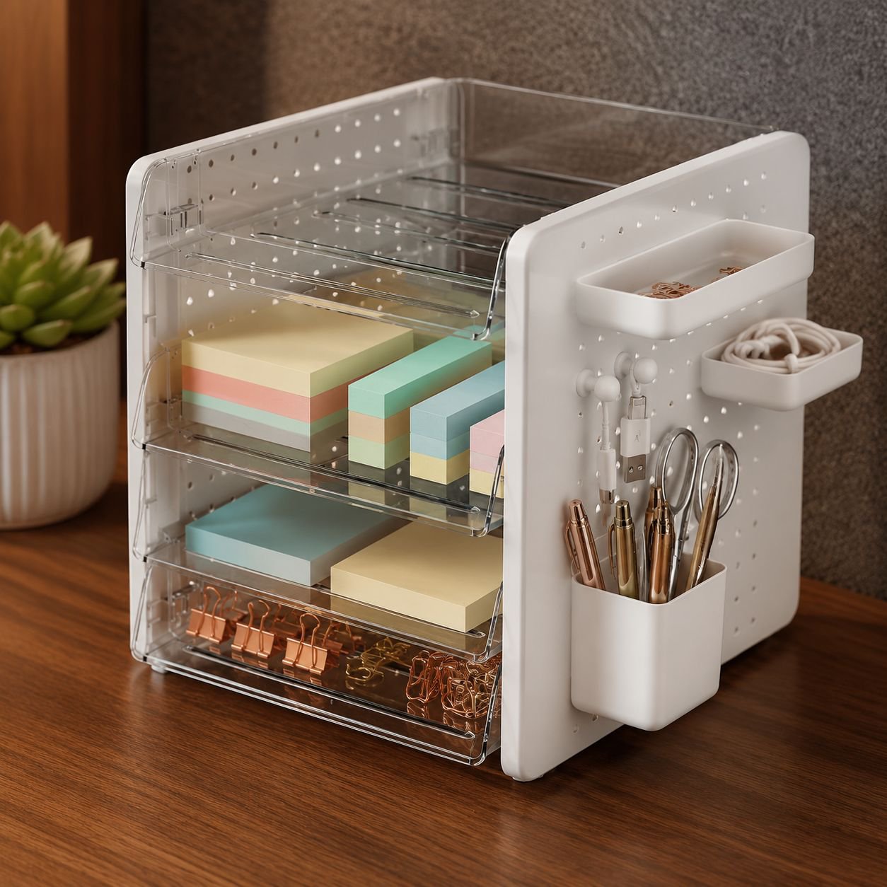 Desktop pegboard box holding various office supplies