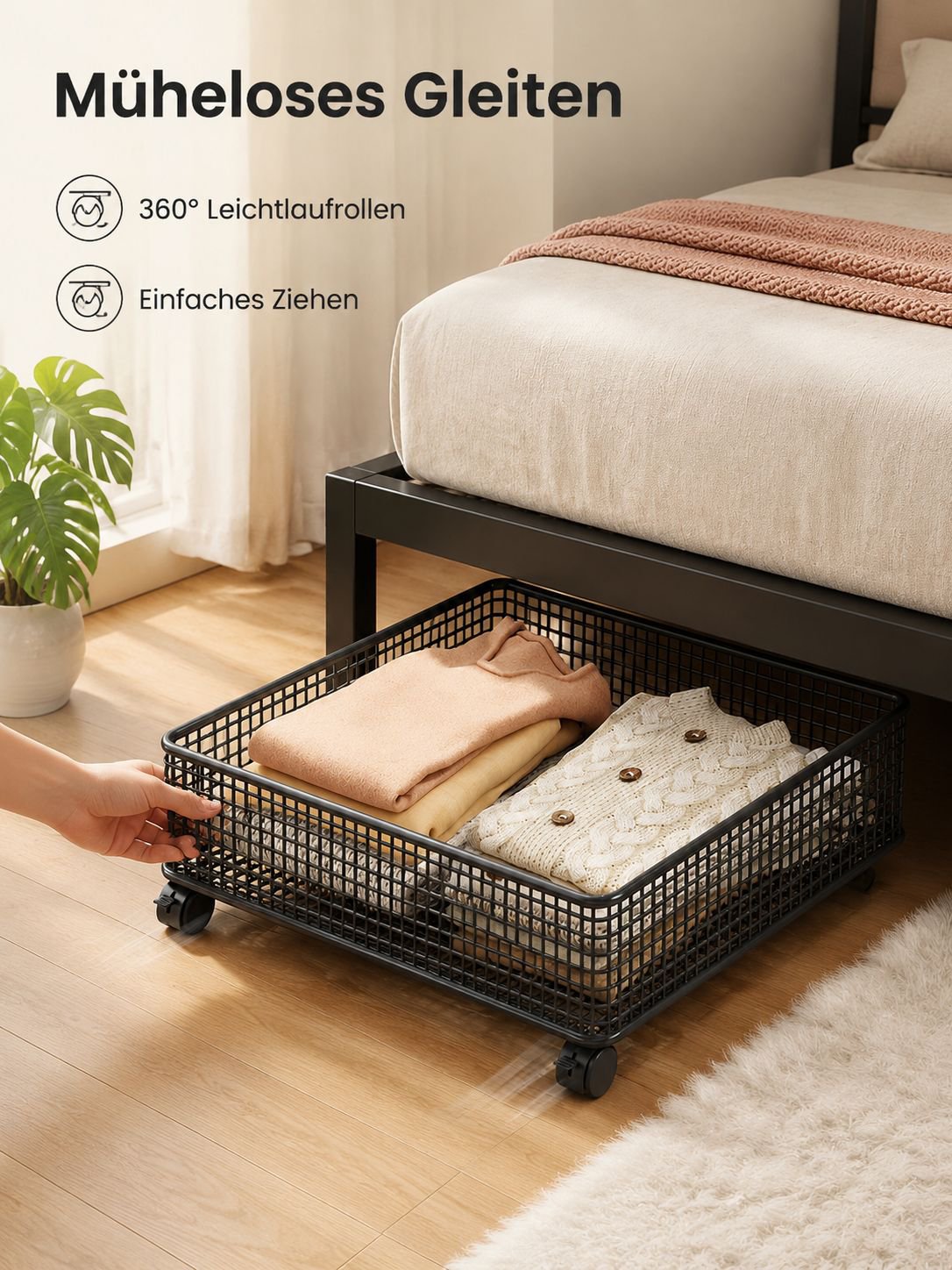 Schiebbarer Aufbewahrungsbehälter mit Rollen für unter das Metallbett
