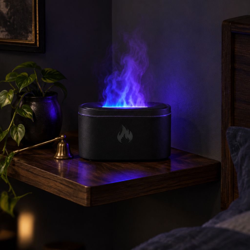 USB powered flame simulation aroma diffuser on office desk