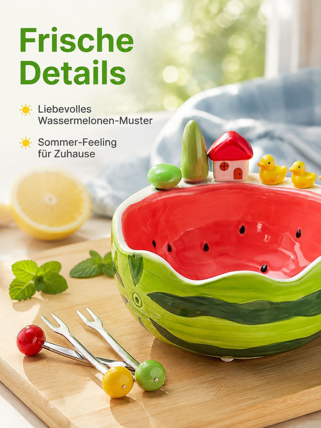 Süßes Keramik-Frucht-Schalen-Set mit Wassermelonenmuster und Edelstahl-Fruchtgabeln