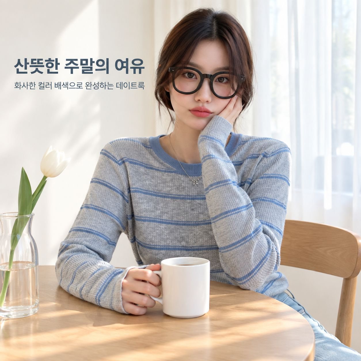 가을 한국 스타일 패션 라운드 넥 풀오버 니트, 배색 스트라이프 슬림핏 긴팔