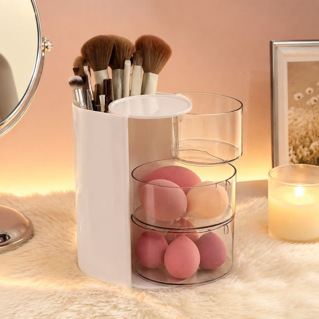 360-degree rotating makeup brush storage solution