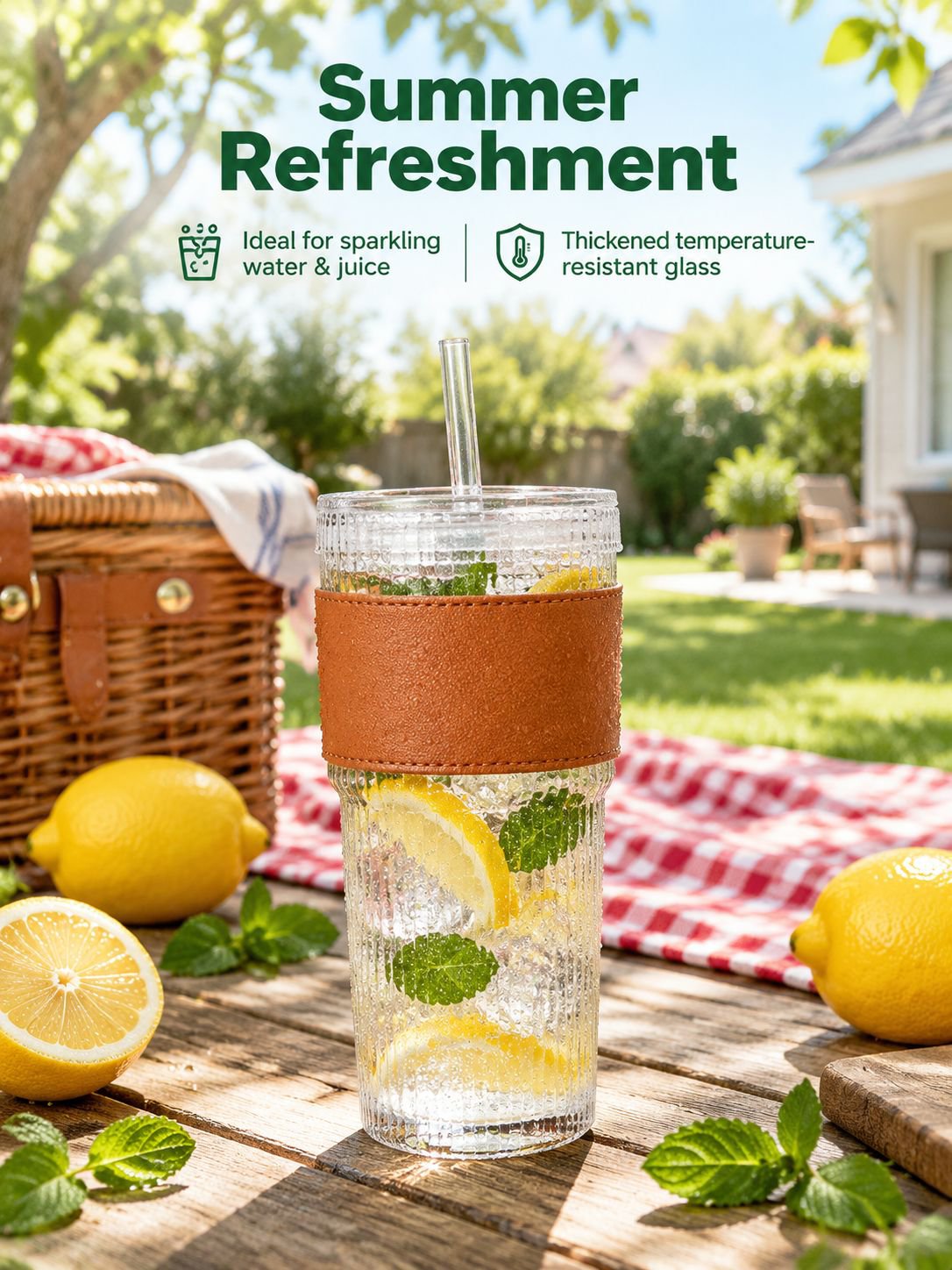 Decorative vertical ridges on a clear glass beverage cup