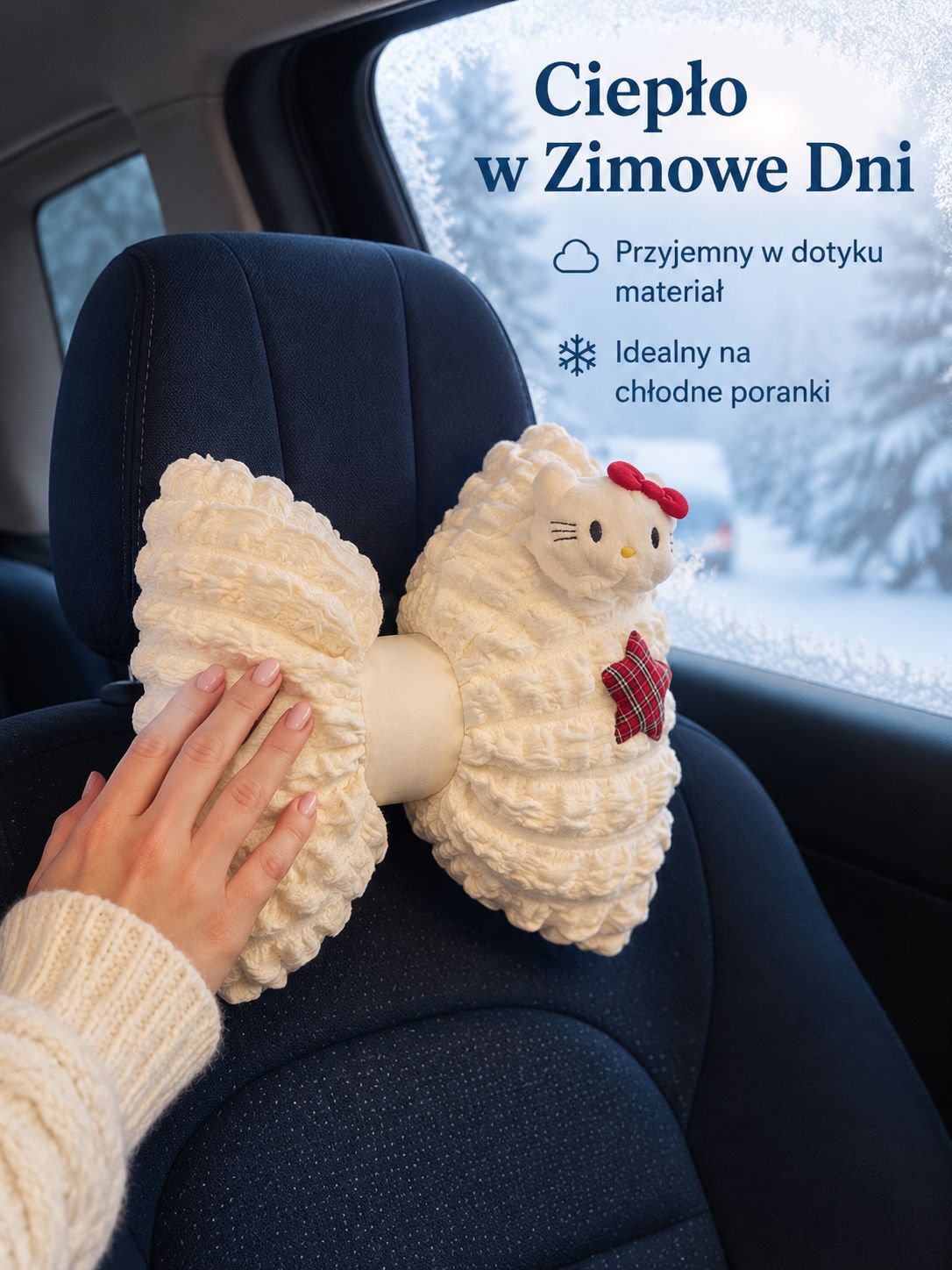 Dziewczynka korzystająca z poduszki Kitty podczas podróży