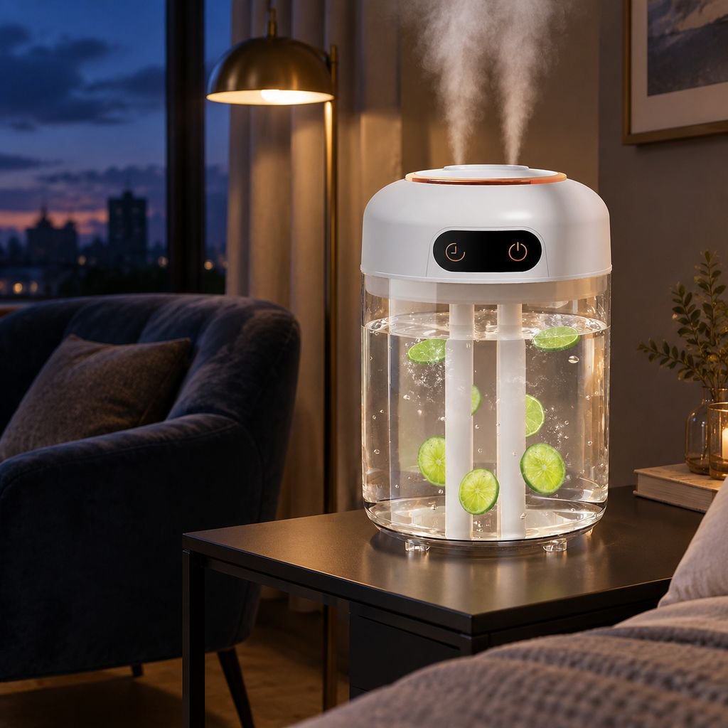 Dual spray mist output humidifier for large rooms