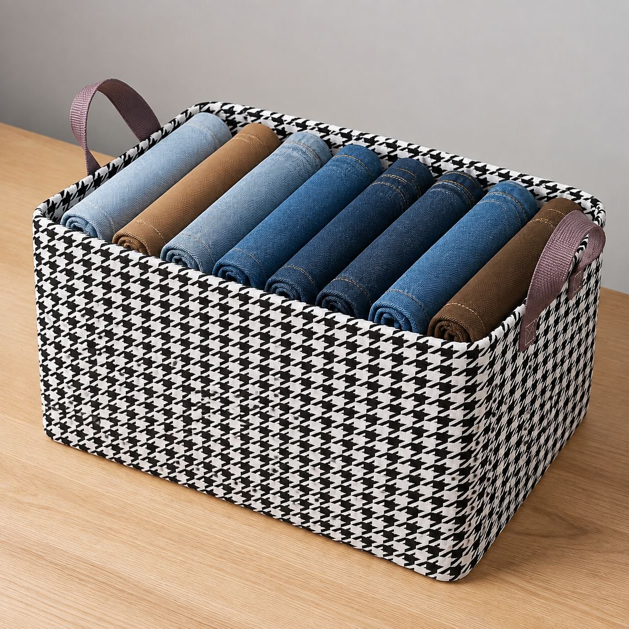 Houndstooth Pattern Steel Foldable Clothes Organizer Box with Handle, Suitable for Pants