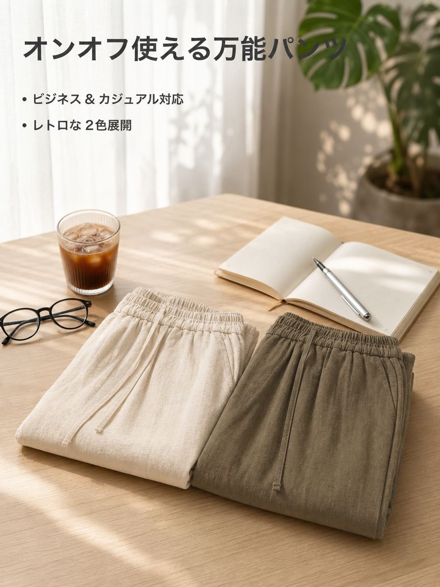 夏向けの薄手でレトロなワイドレッグストレートルーズ通勤パンツ