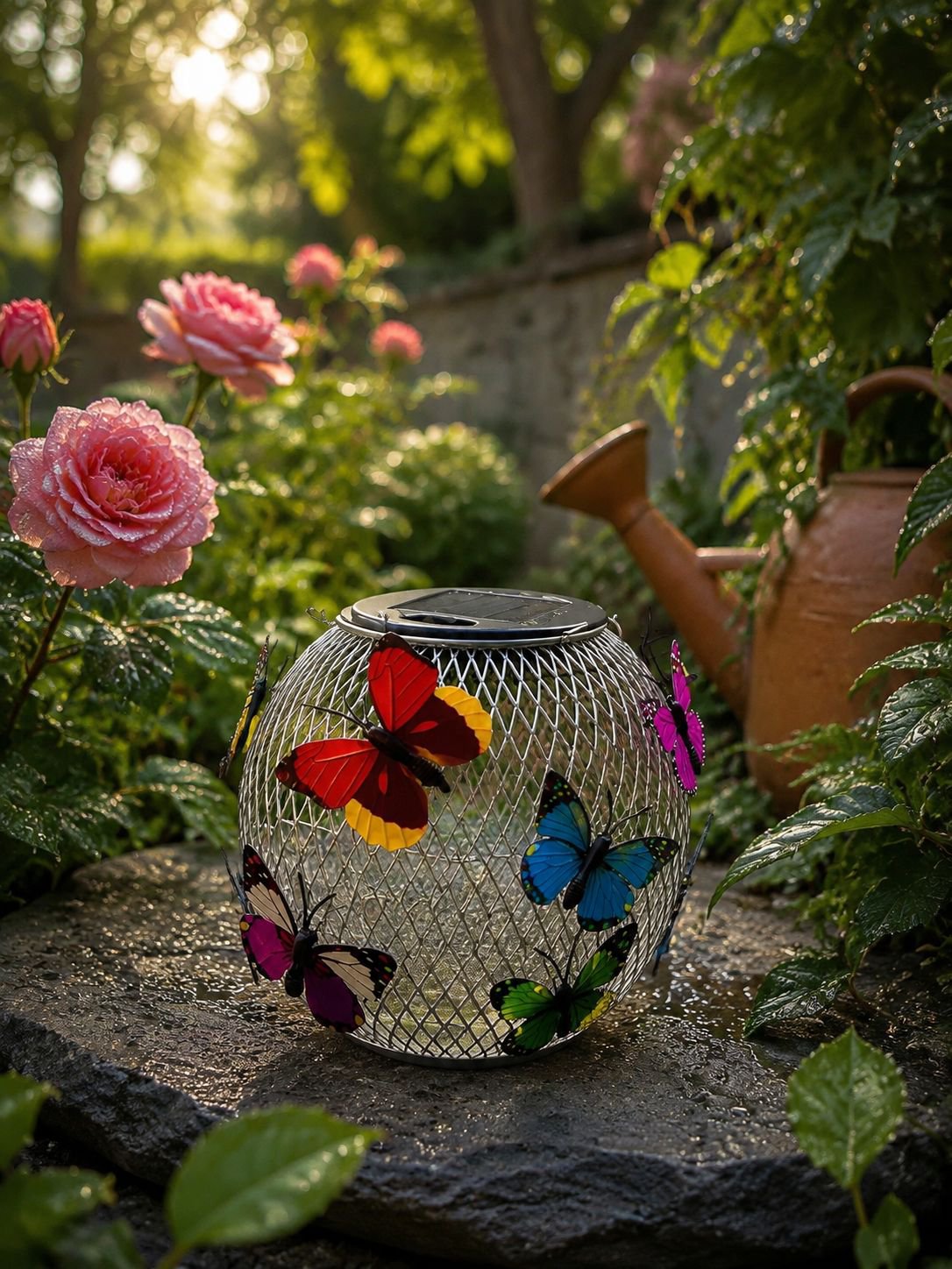 Night view of butterfly lamp lighting up a garden path