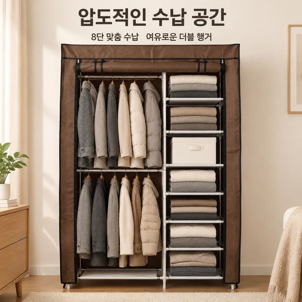 두꺼운 패브릭 간이 옷장 8단 선반 더블 행거 수납장