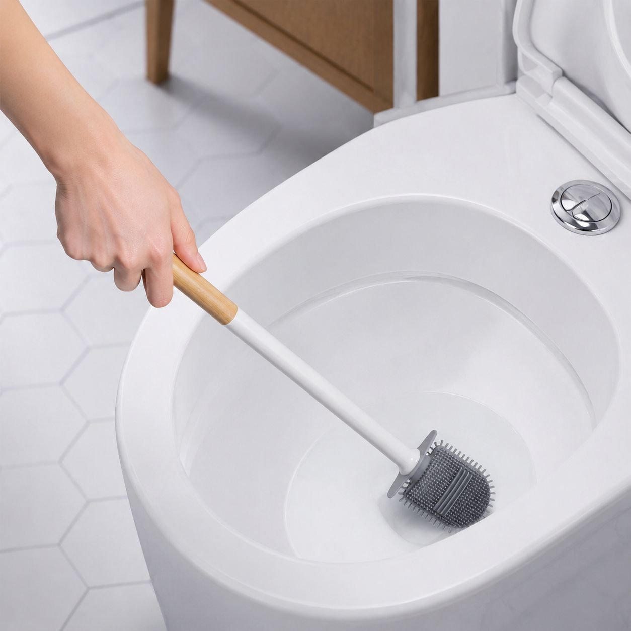 Durable silicone toilet brush with ergonomic long handle