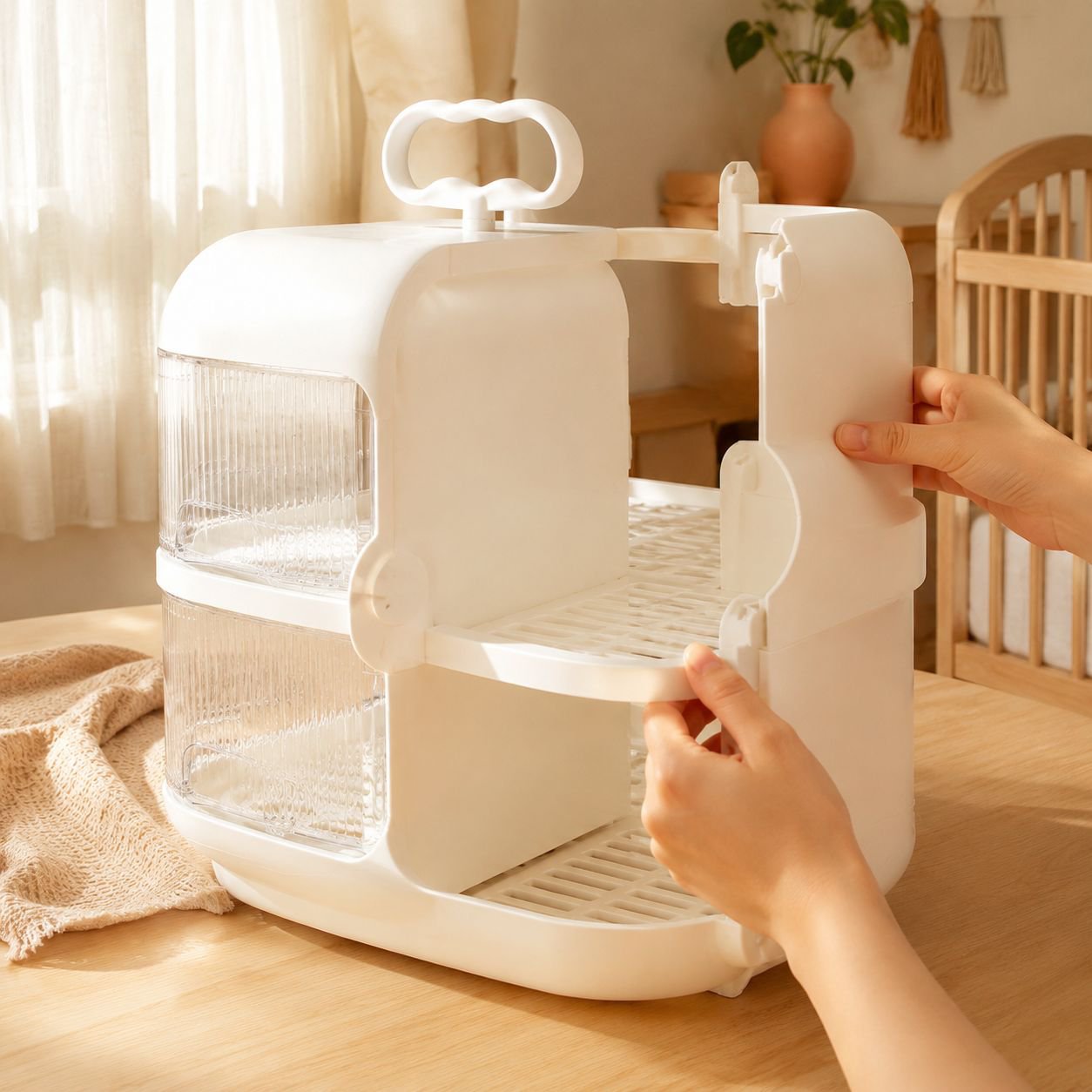 Estante portátil para accesorios de bebés junto a la cuna