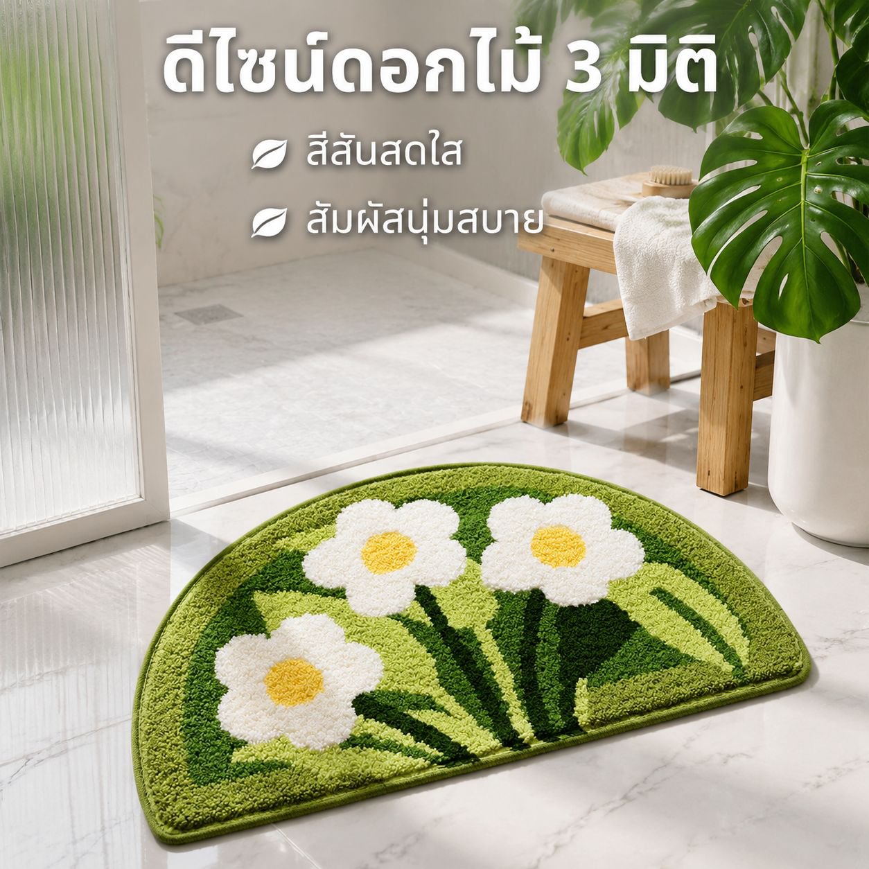 พรมเช็ดเท้าห้องน้ำลายดอกไม้ ขนสูงต่ำ กันลื่น ซับน้ำได้ดี