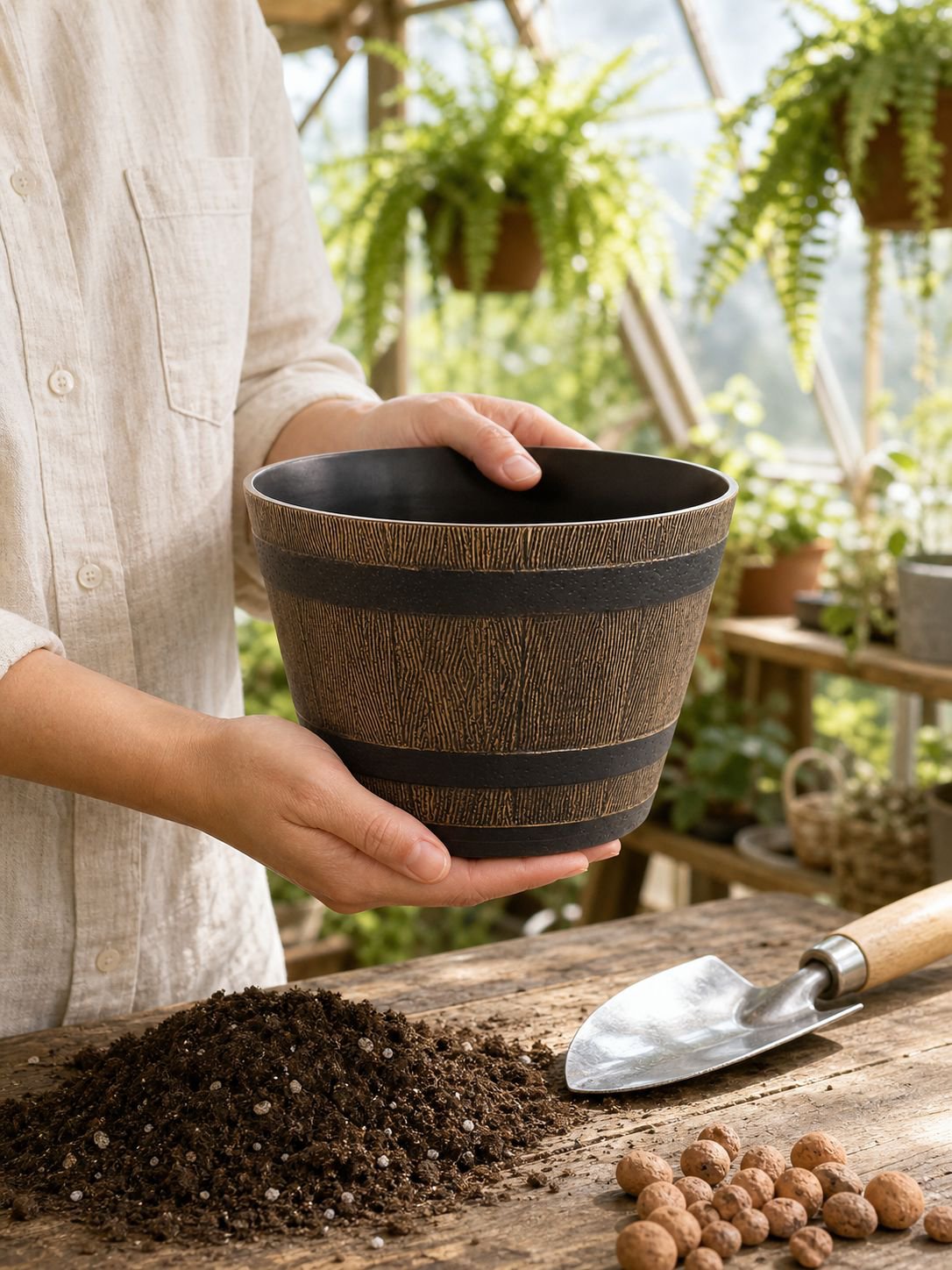 Heavy-duty plastic planter with wood grain finish