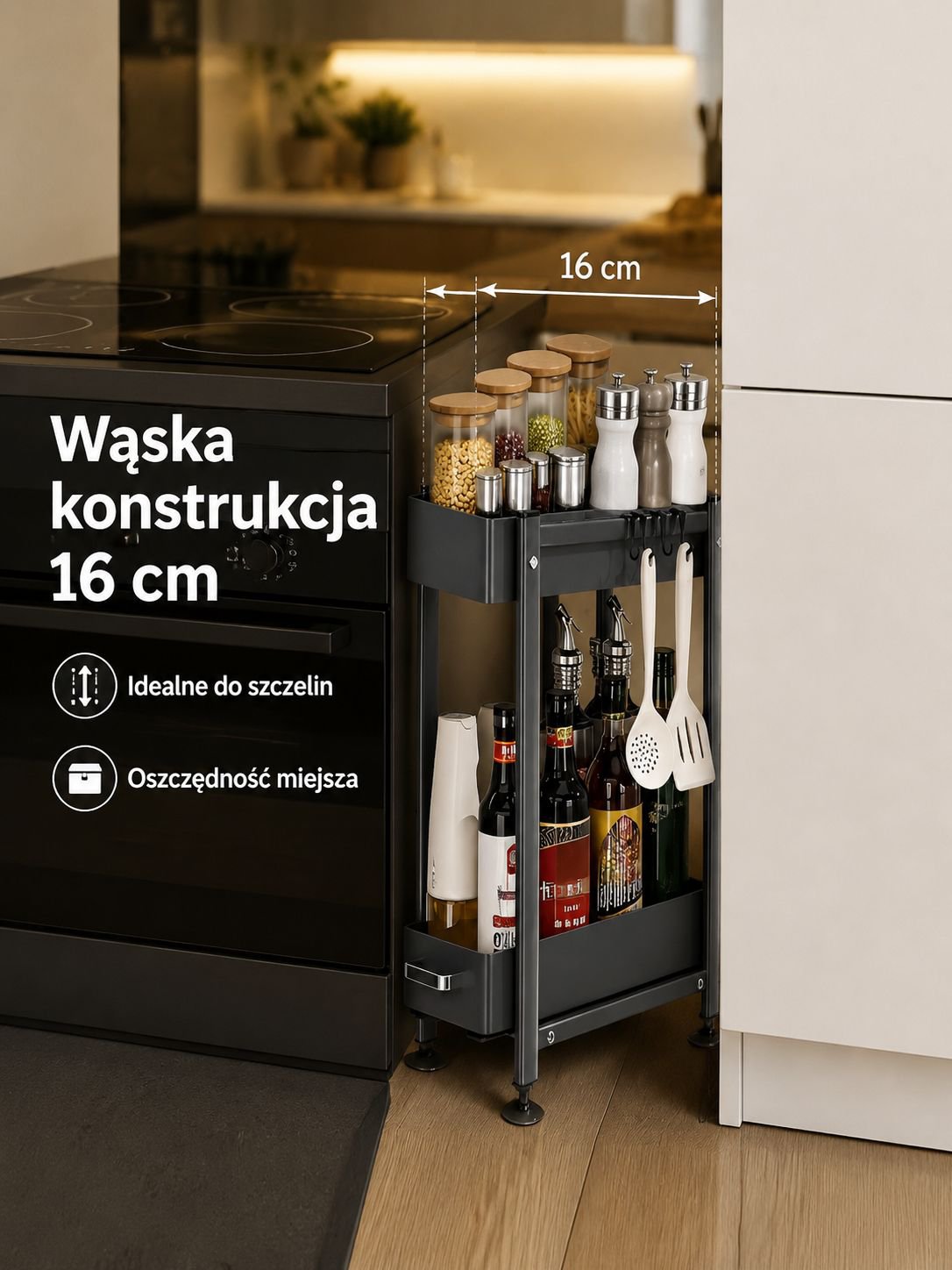Wykorzystanie wąskiej przestrzeni 16cm: wysuwany stojak na przyprawy do kuchni