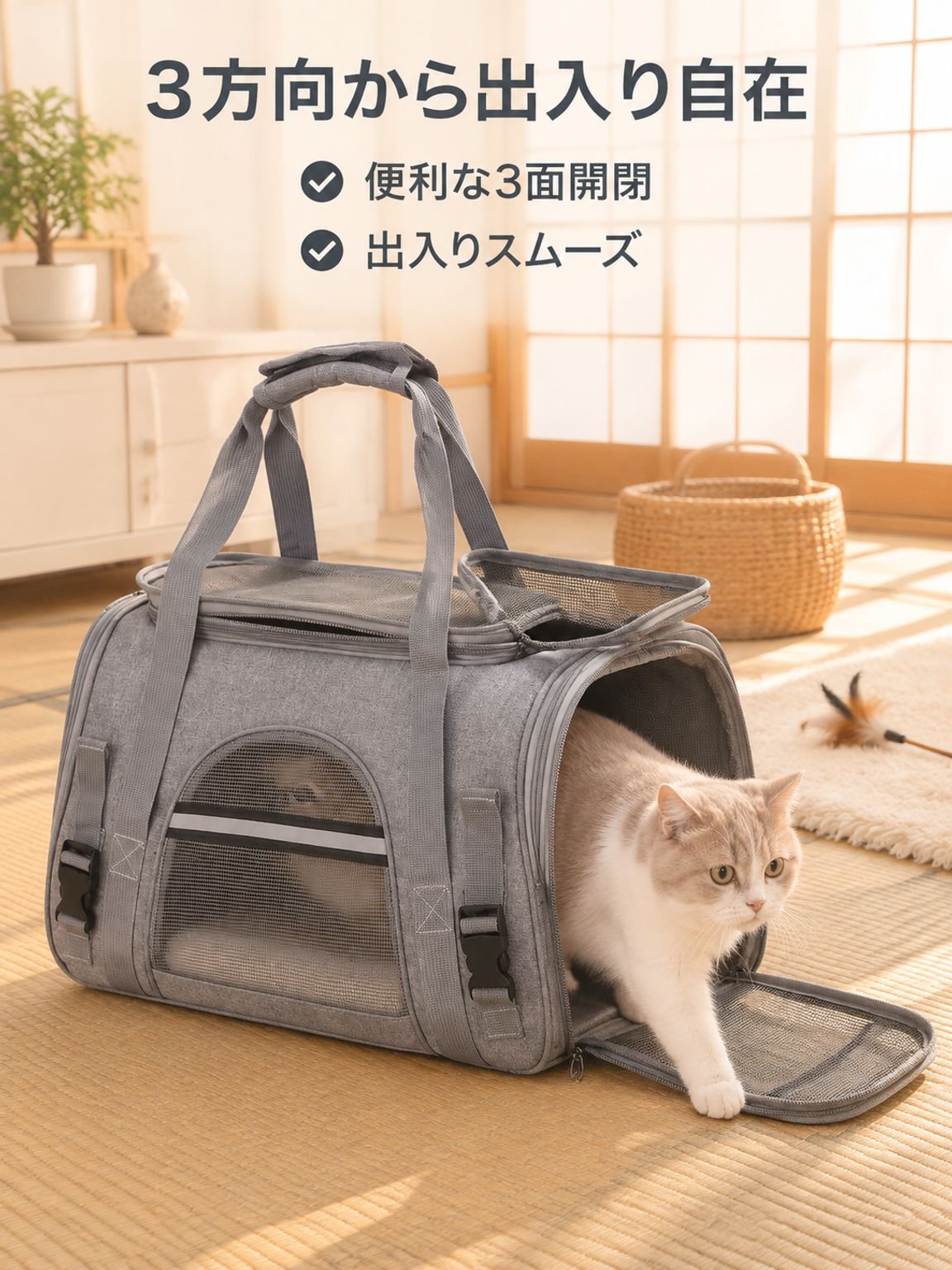 複数箇所から出入りできる猫用キャリーバッグ。お出かけ用の持ち運び可能な屋外用猫用キャリーバッグ。