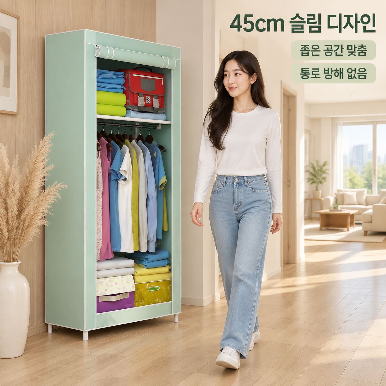 두껍고 보강된 강철 파이프를 사용한 1인용 패브릭 옷장.