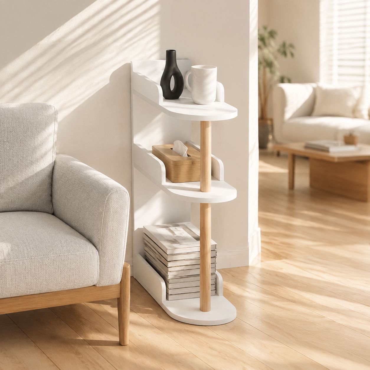 Modern sofa side organizer with books and magazines