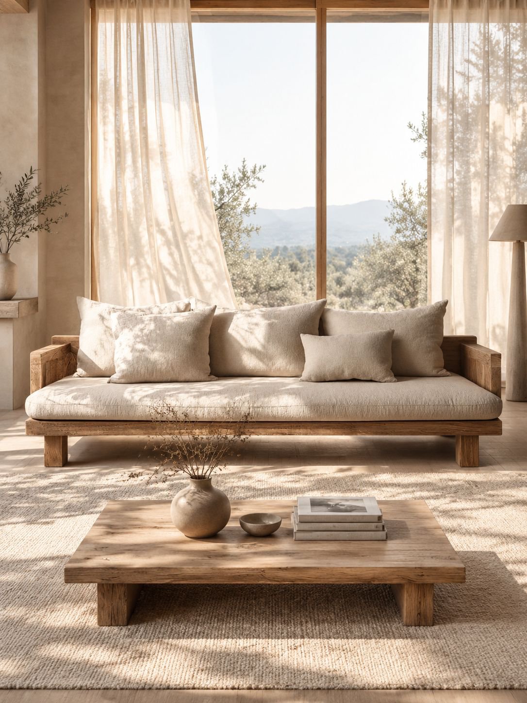 Sofá de sala de estar de madera maciza en ambiente moderno