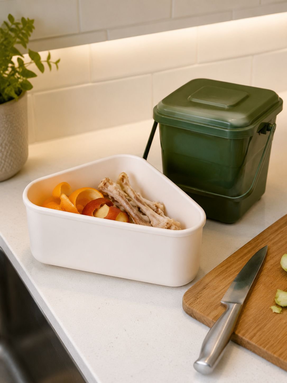 Kitchen food scrap collector positioned near the sink drain