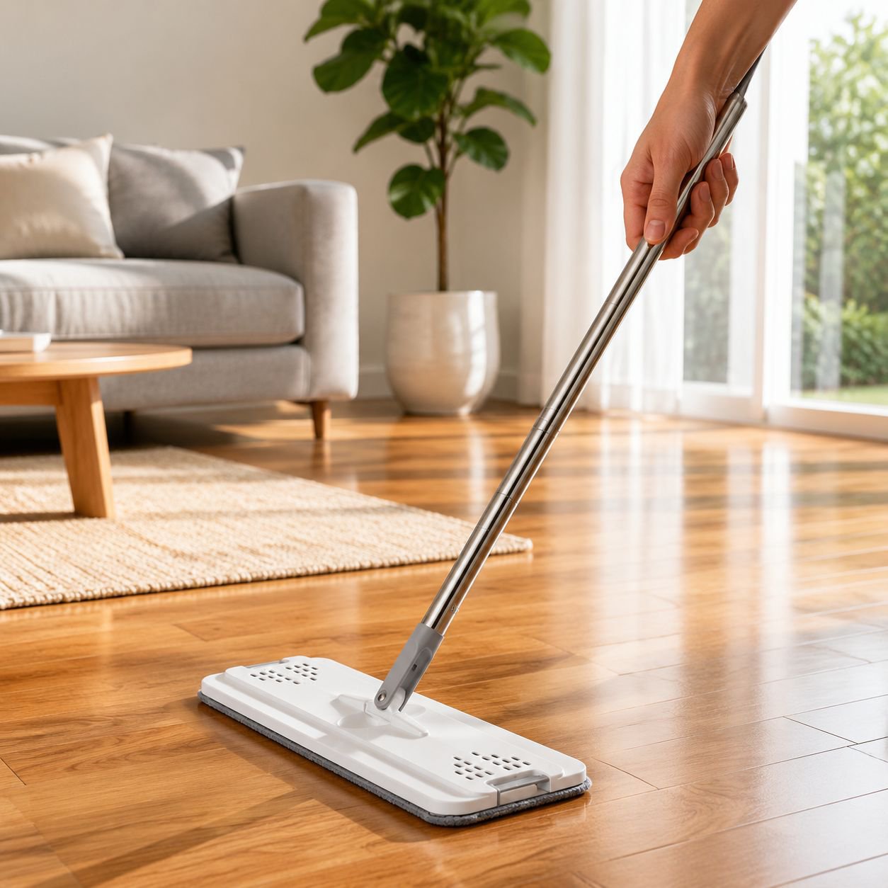 Home Cleaning Lazy Mop Set with Net Cloth in use on hardwood floor