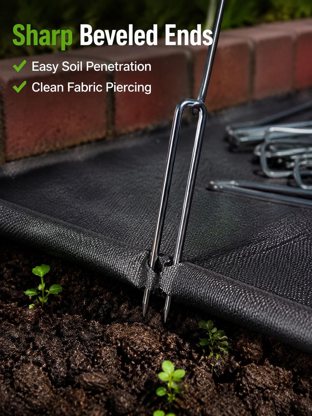 Pack of metal ground pegs for weed barrier installation