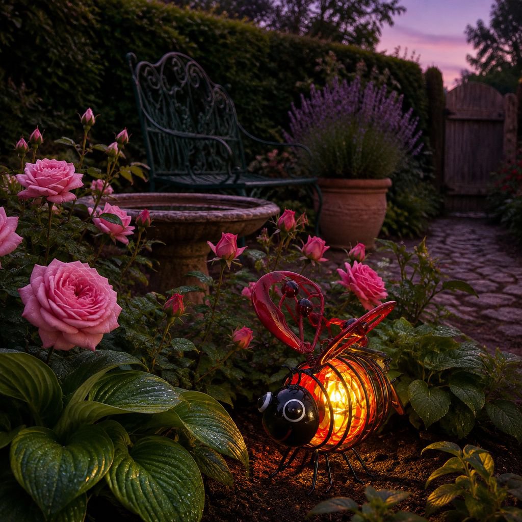 Lampe abeille solaire d'extérieur allumée la nuit