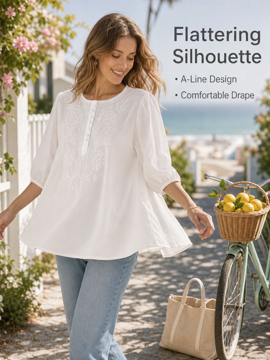 Cotton Linen Embroidered Round Neck Loose Short Sleeve Women’s Summer New Style