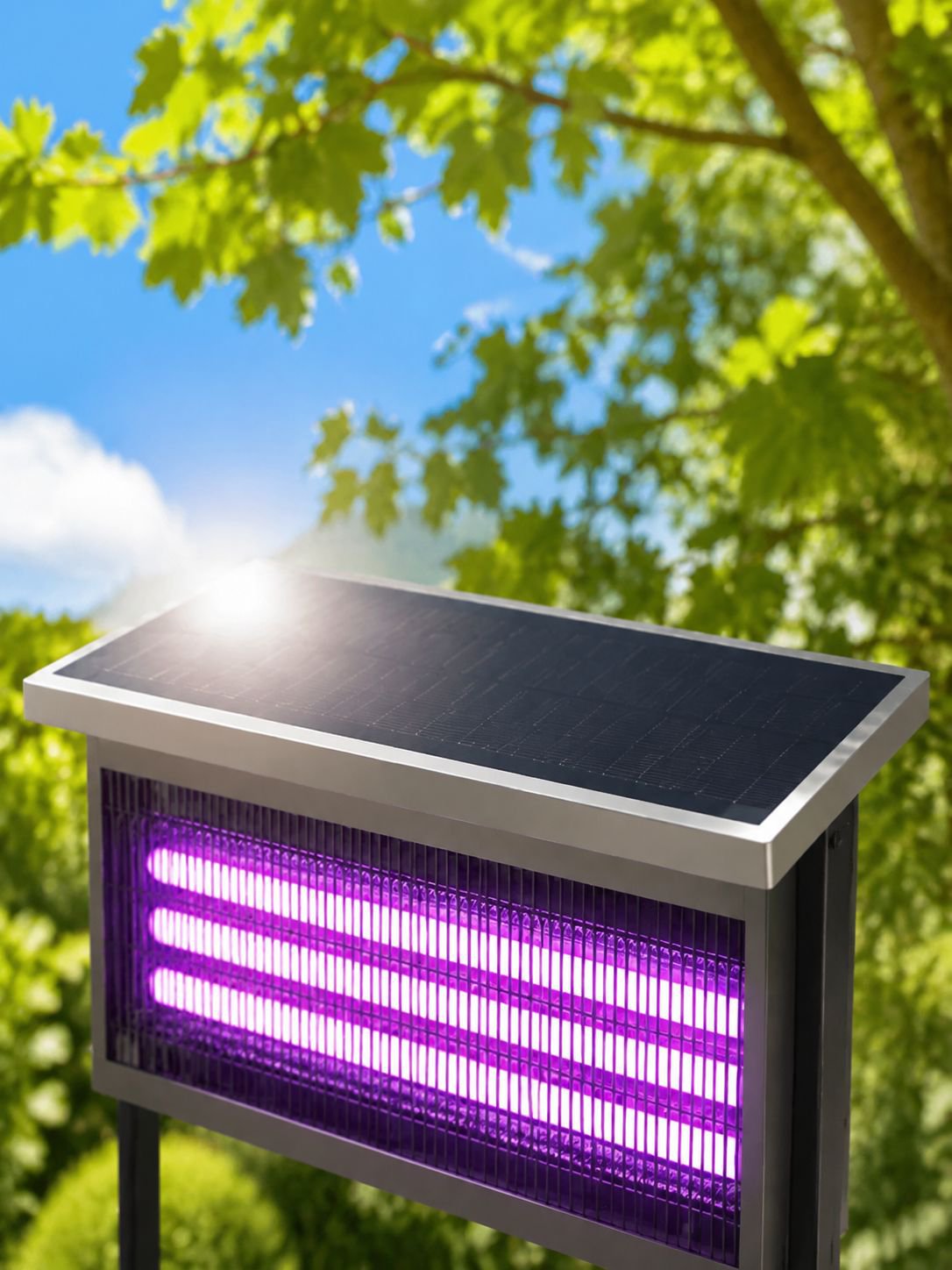 Vista cercana de la lámpara solar repelente de mosquitos funcionando de noche