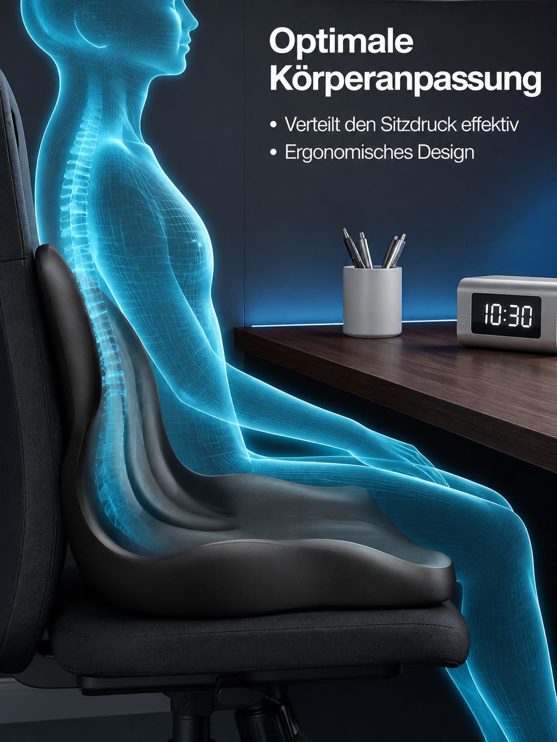 Rückenlehne und Sitzkissen aus einem Stück Memory-Schaum, atmungsaktiv, mit Lendenwirbelstütze.