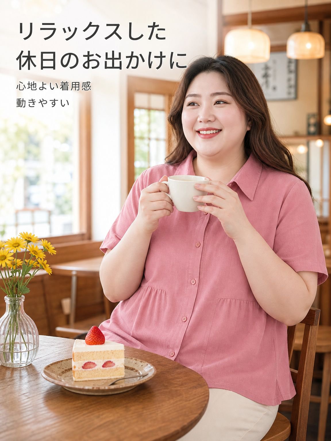 ゆったりシルエットのプラスサイズレディース半袖シャツ 夏用