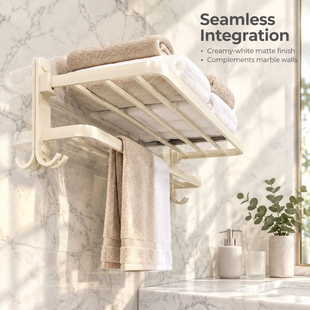 Cream Style Bathroom Towel Rack Punch-Free White Bath Towel Shelf Hardware Set