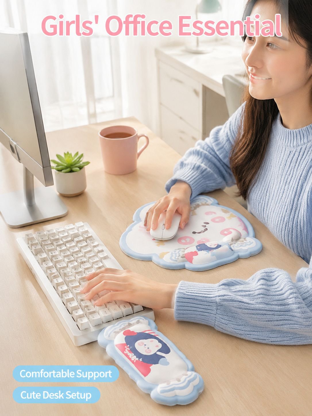 Cute Cartoon Wrist Rest Mouse Pad, Girls' Office Essential, White Rubber Keyboard Wrist Support