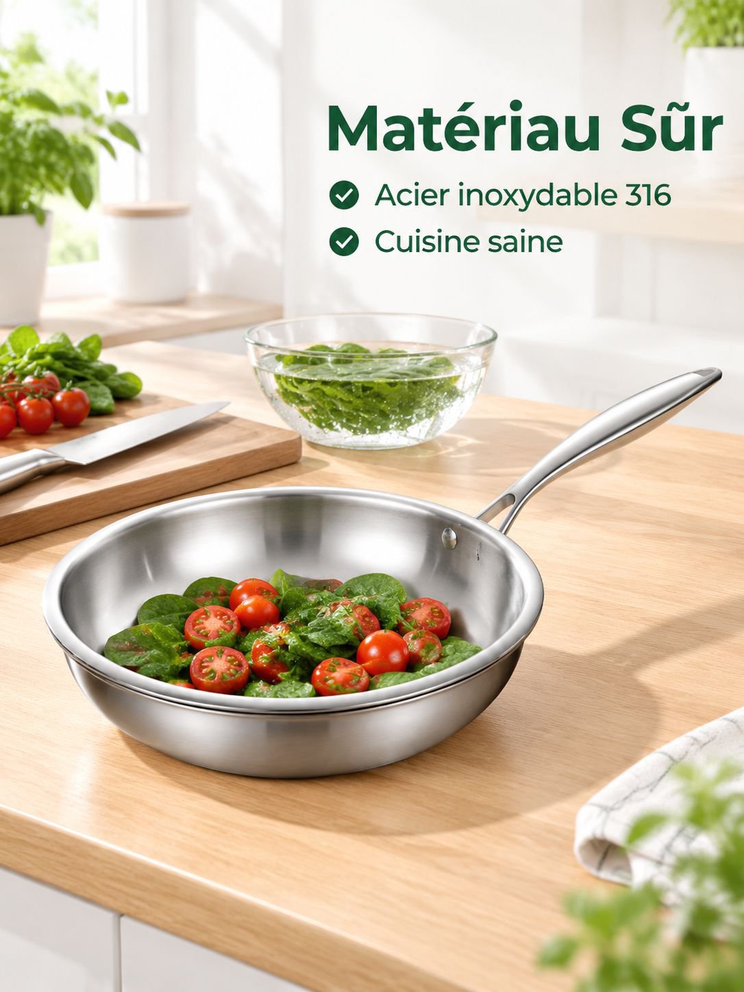 Vue de la surface de cuisson de la poêle en inox 316