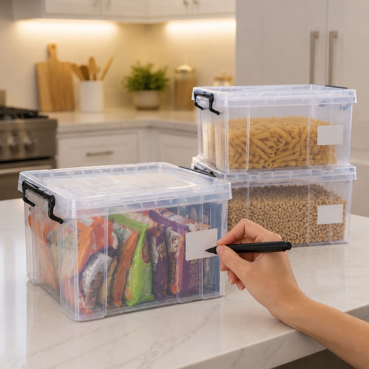 Right-angle storage box in a kitchen cabinet