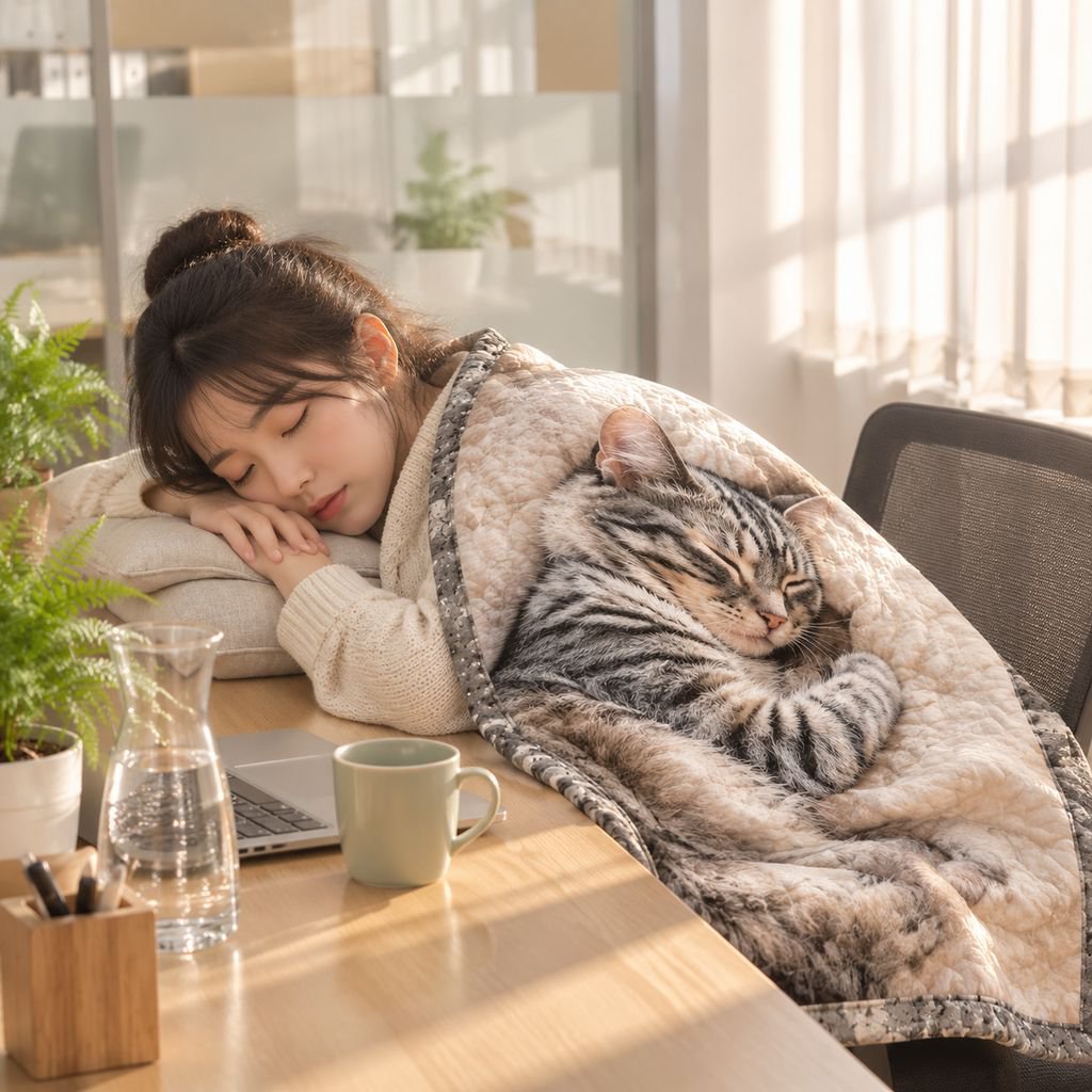 猫柄のかわいい薄手お昼寝ブランケット全体画像