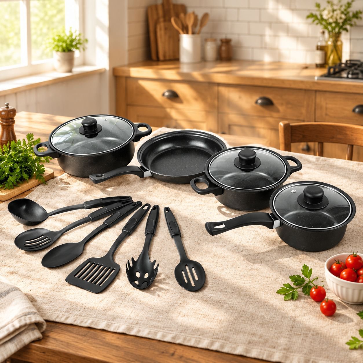 Hot selling 12-piece cookware set with spatula, non-stick soup pot, milk pot, frying pan, Maifan sto